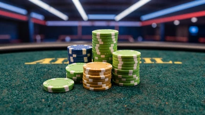 Poker-Chips auf dunkelgr&uuml;nem Filz mit Flutlicht-Glanz im Golisimo Live Casino