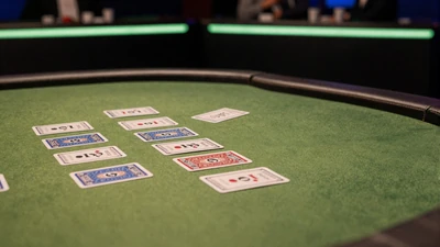 Blackjack-Tisch mit limettengr&uuml;nem Filz unter Stadion-Scheinwerfern im Golisimo Live Casino