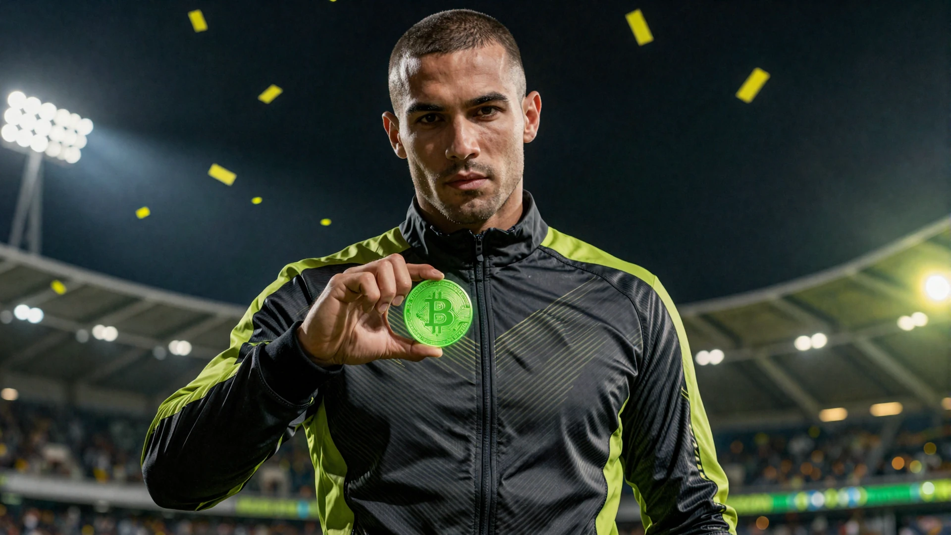 Athletisches Modell in Techwear-Jacke h&auml;lt gl&uuml;hende Krypto-M&uuml;nze vor n&auml;chtlichem Stadion bei Golisimo Casino