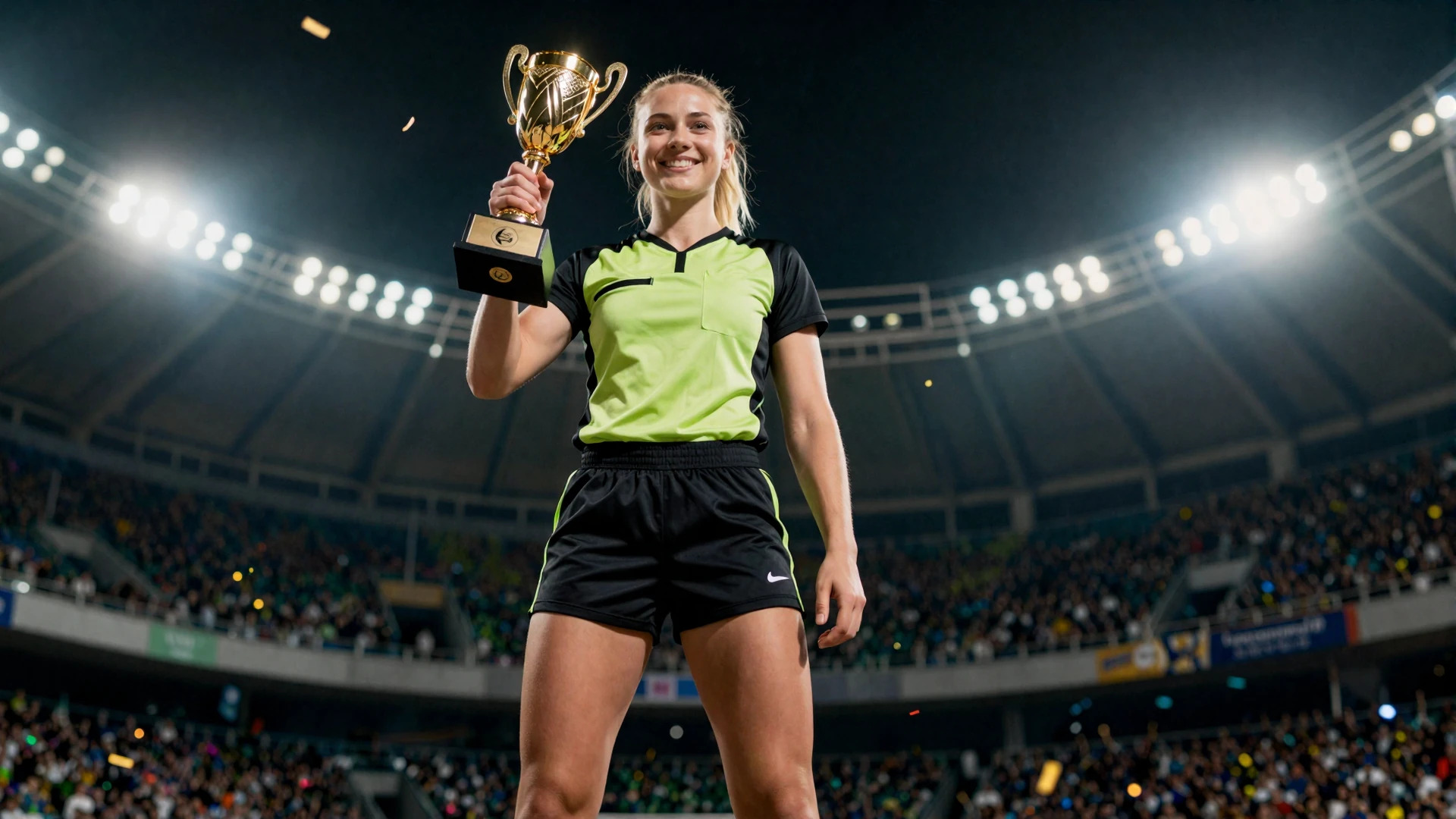 Athletisches Modell in schwarz-limettengr&uuml;ner Schiedsrichter-Ausr&uuml;stung h&auml;lt goldene Troph&auml;e vor Stadion-Flutlichtern und Konfetti beim Golisimo Casino Bonus