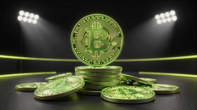 Leuchtende Krypto-M&uuml;nzstapel unter Stadionflutlicht f&uuml;r Daily Crypto Reload Bonus bei Golisimo