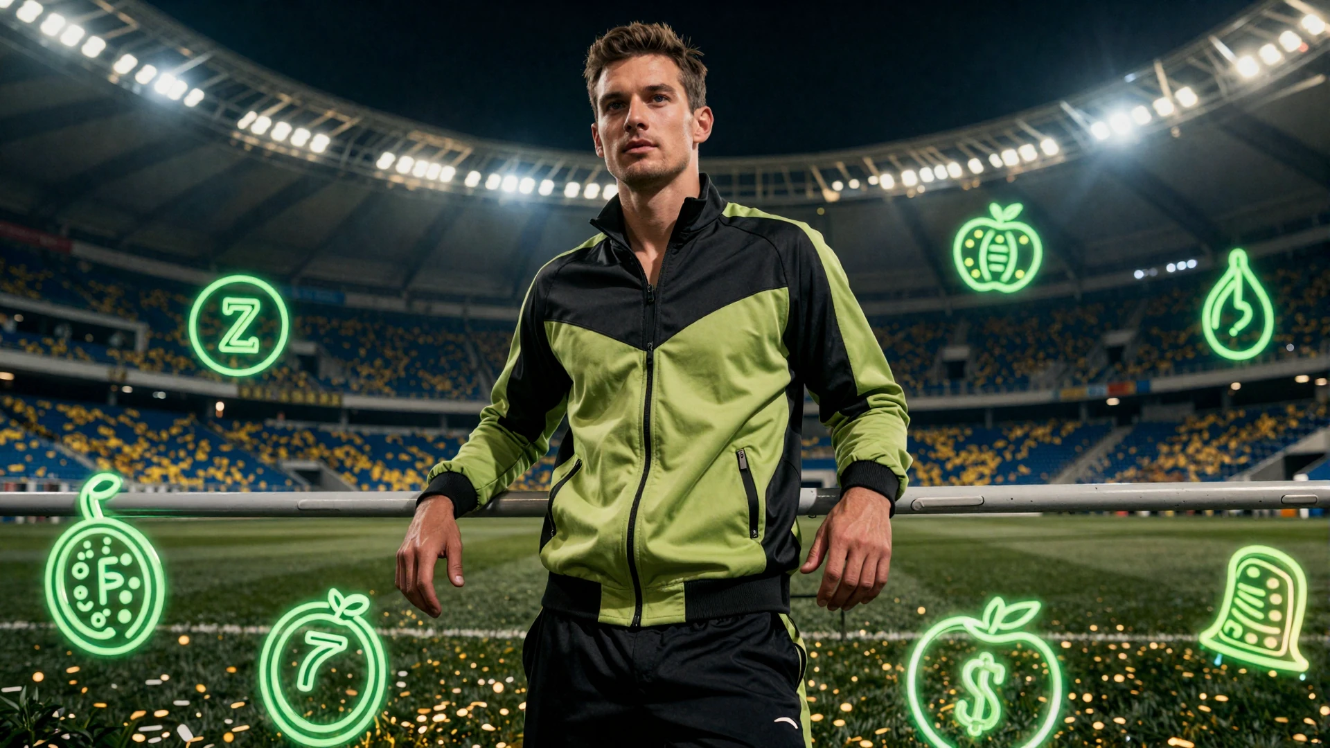 Athletisches Modell in schwarz-limettengr&uuml;nem Trainingsanzug lehnt am Stadionzaun mit leuchtenden Slot-Symbolen bei Golisimo Casino Online Slots