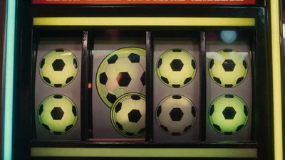 Neon-Slot-Automaten mit Fu&szlig;ball-Symbolen im dunklen Studio bei Golisimo Casino