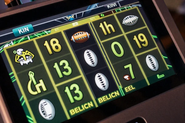 Slot-Automat im Demo-Modus mit virtuellen Credits in limettengr&uuml;nen Ziffern und Stadion-Symbolen bei Golisimo Casino