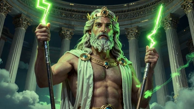 Gates of Olympus Slot mit Zeus-Figur und limettengr&uuml;nen Blitzen im mythologischen Tempel bei Golisimo Casino