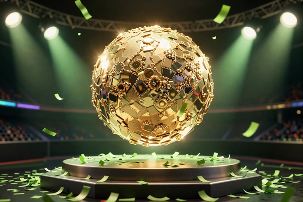 Goldene Jackpot-Kugel mit limettengr&uuml;nem Konfetti und Stadionflutlichtern in der Jackpot-Arena von Golisimo Casino